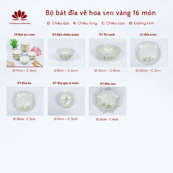 Set Phú Quý Bộ Bát đĩa Vẽ Hoa Sen Vàng | Sứ Bát Tràng