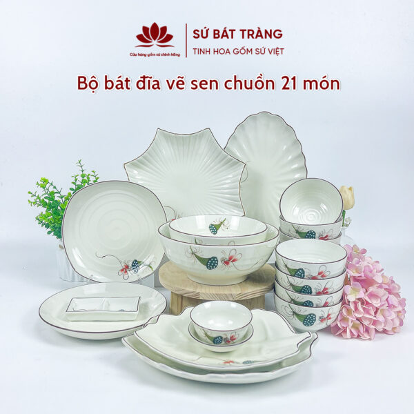 Set Phú Quý Bộ Bát đĩa Vẽ Sen Chuồn | Sứ Bát Tràng