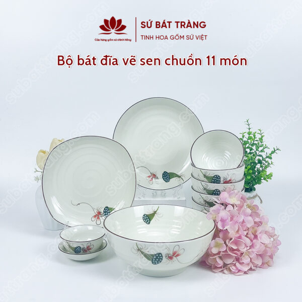 Set Phú Quý Bộ Bát đĩa Vẽ Sen Chuồn | Sứ Bát Tràng