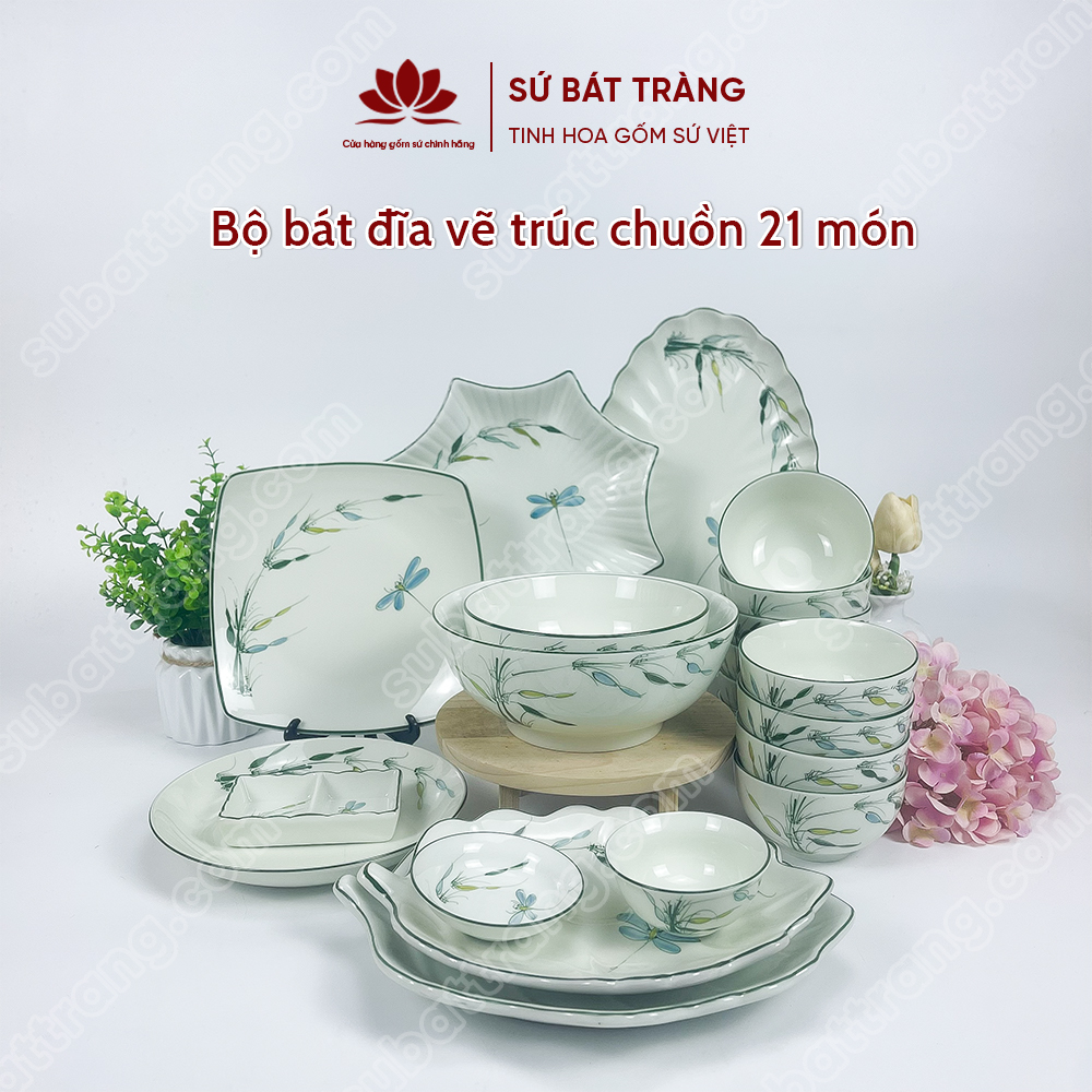 Set Phú Quý Bộ Bát đĩa Vẽ Trúc Chuồn | Sứ Bát Tràng