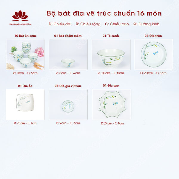 Set Phú Quý Bộ Bát đĩa Vẽ Trúc Chuồn | Sứ Bát Tràng