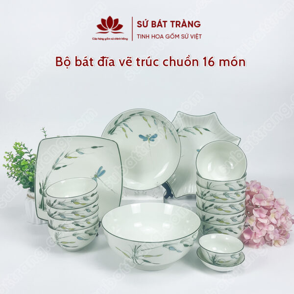 Set Phú Quý Bộ Bát đĩa Vẽ Trúc Chuồn | Sứ Bát Tràng