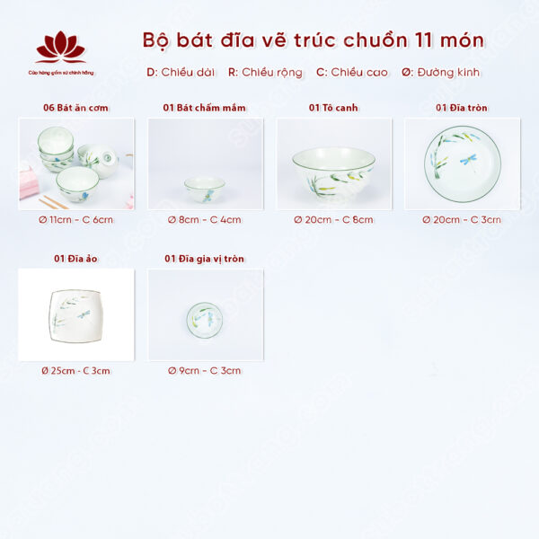 Set Phú Quý Bộ Bát đĩa Vẽ Trúc Chuồn | Sứ Bát Tràng