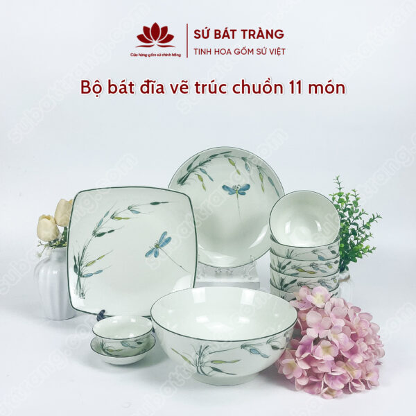 Set Phú Quý Bộ Bát đĩa Vẽ Trúc Chuồn | Sứ Bát Tràng