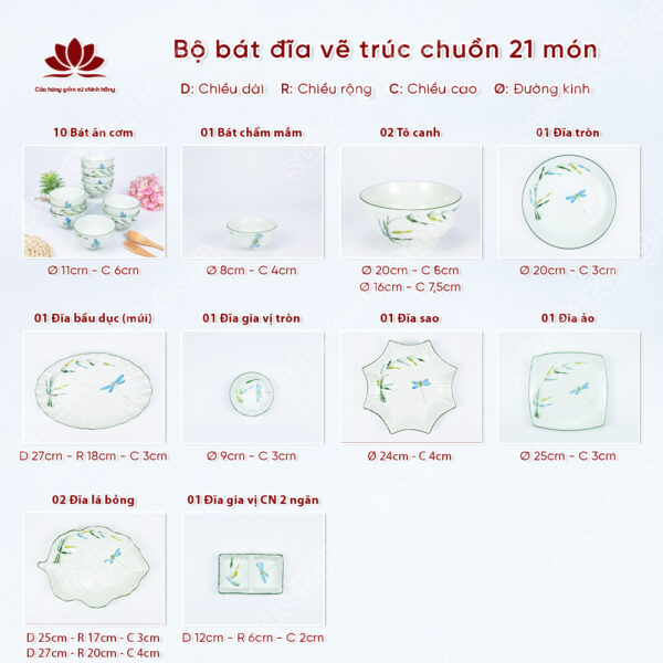 Set Phú Quý Bộ Bát đĩa Vẽ Trúc Chuồn | Sứ Bát Tràng