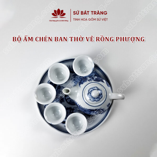 Bộ ấm Chén Ban Thờ Men Lam Bát Tràng Cao Cấp Vẽ Hoạ Tiết Rồng Phượng | Sứ Bát Tràng